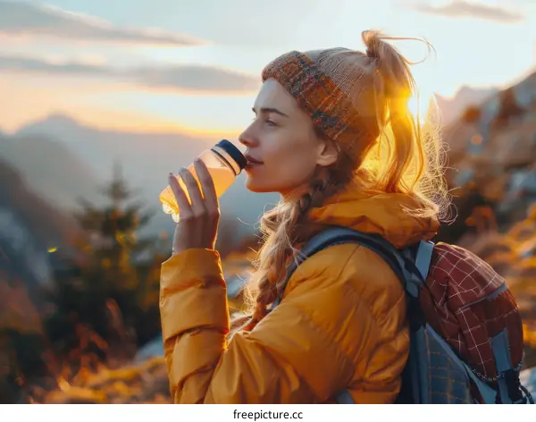 Young woman drinking from a water bottle while hiking in the mountains