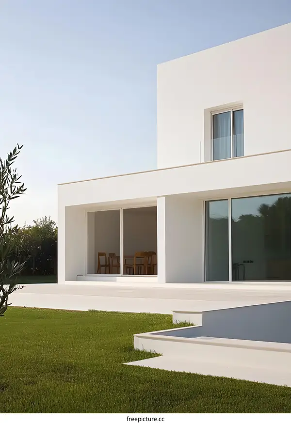 Modern White House with Glass Doors and Green Lawn