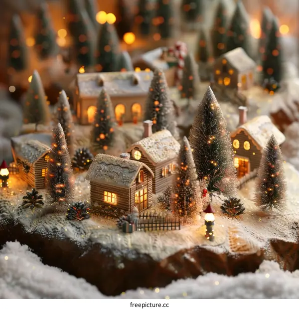 A Miniature Christmas Village with Houses, Trees, Snow, and Lights