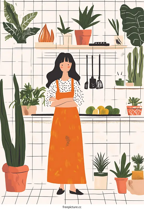 Woman in Orange Dress Standing in a Kitchen with Plants