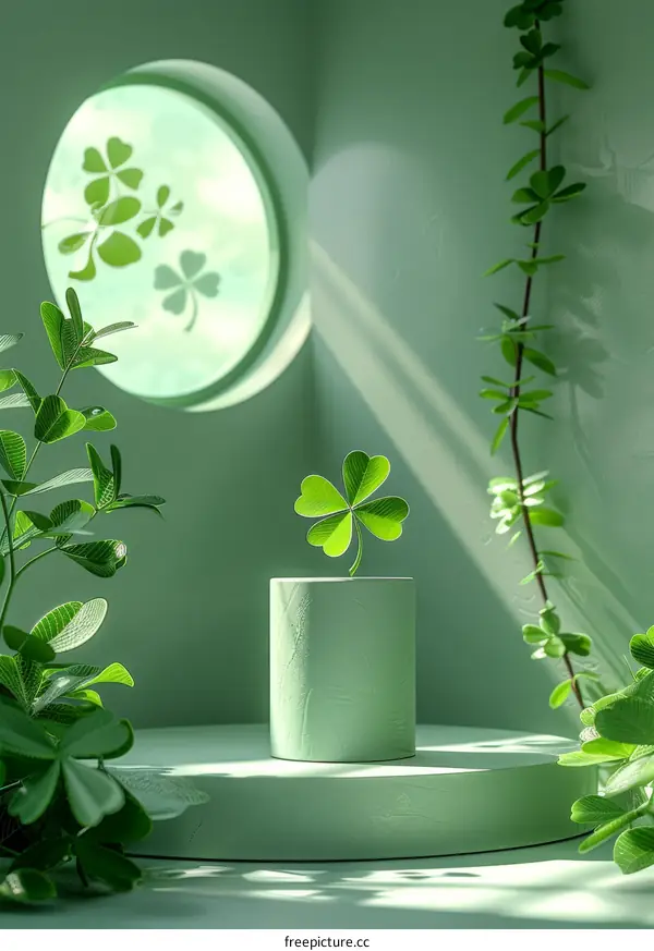 Four Leaf Clover Illuminated by Sunlight on Green Podium
