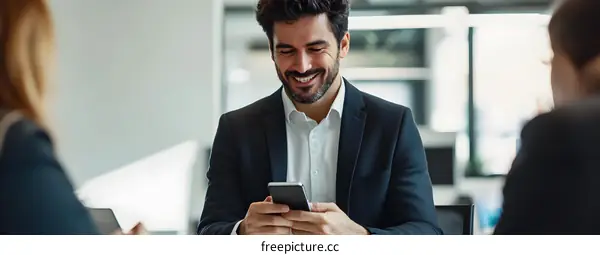 Businessman Smiling At His Phone During A Meeting