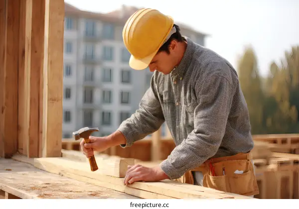 Construction Worker Hammering Wood Framing