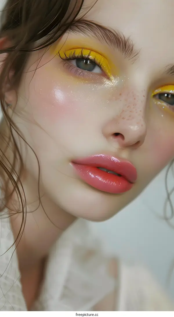 Close-up portrait of a beautiful woman with bright yellow eyeshadow and pink lips