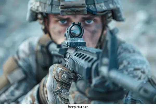 Soldier aiming assault rifle