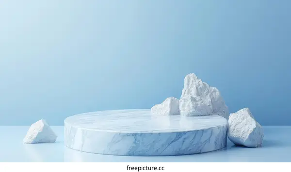 Abstract Marble Platform with Stones on Light Blue Background