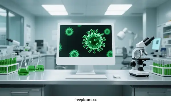Laboratory Computer Screen Displaying Virus Structure in Research