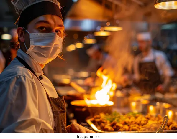 Young female chef wearing a mask and toque in a commercial kitchen