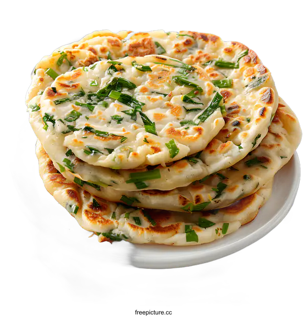 [Transparent Background PNG]A stack of scallion pancakes on a white plate