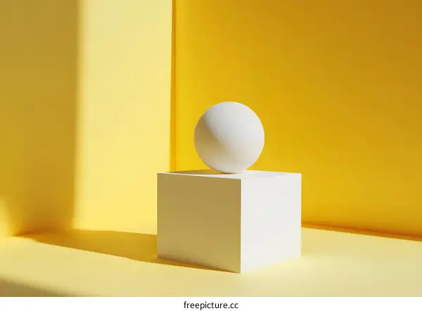 White Sphere on a White Cube in a Yellow Room with a Shadow