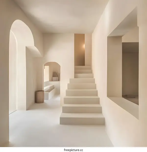 Minimalist White Interior Design with Arched Hallway and Staircase