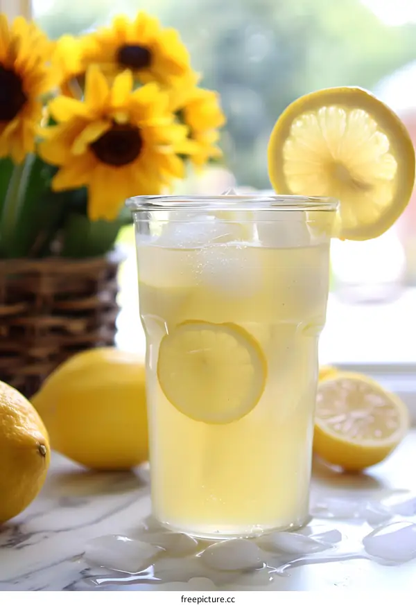 Glass of Lemonade with Ice and Lemon Slices