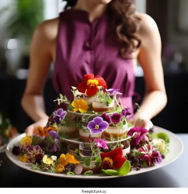 woman holding a plate of colorful flowers and herbs