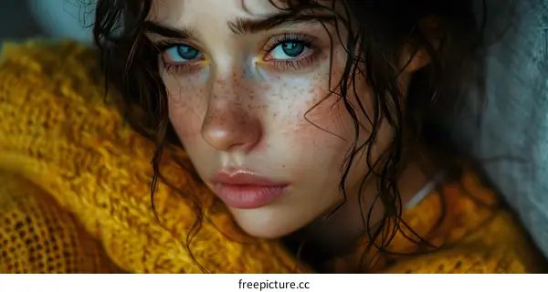 Portrait of a young woman with freckles and blue eyes
