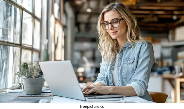 Woman Working on Laptop in a Creative Workspace