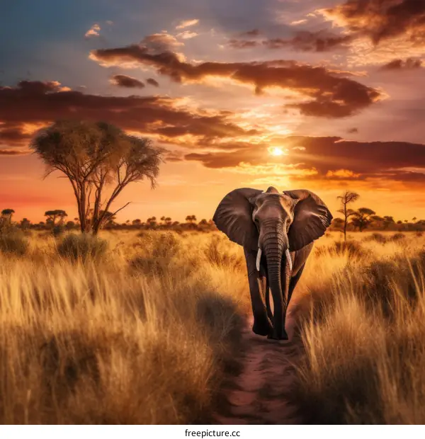 Elephant walking through the tall grass of the African savanna at sunset