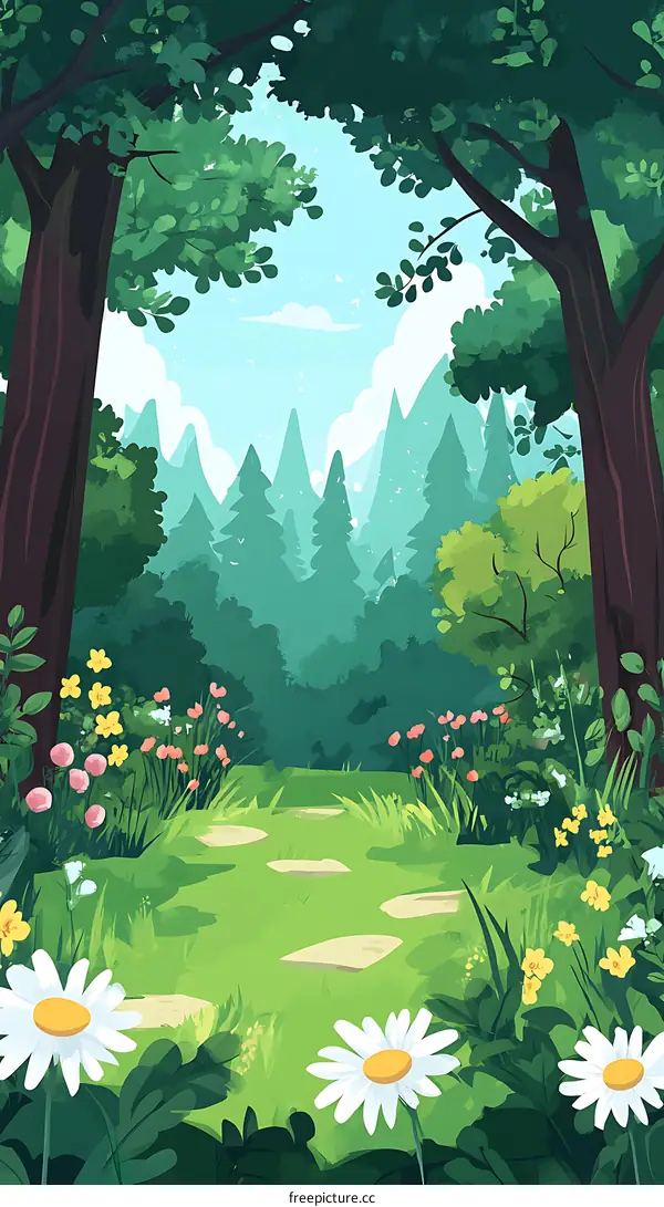 Green Forest Path With Flowers And Stone Pathway