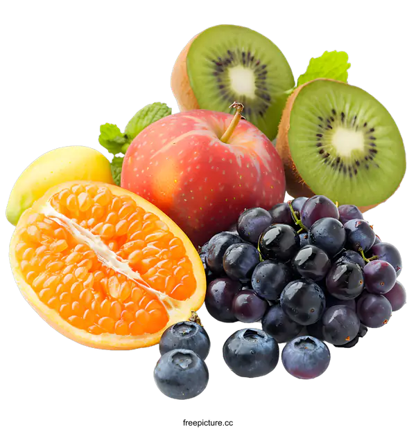 [Transparent Background PNG]Fresh Fruit Arrangement with Kiwi Apple Grape and Orange