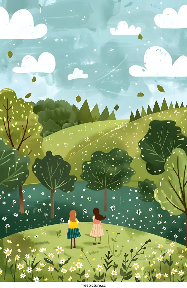 Two Girls Standing In A Green Field Under A Blue Sky