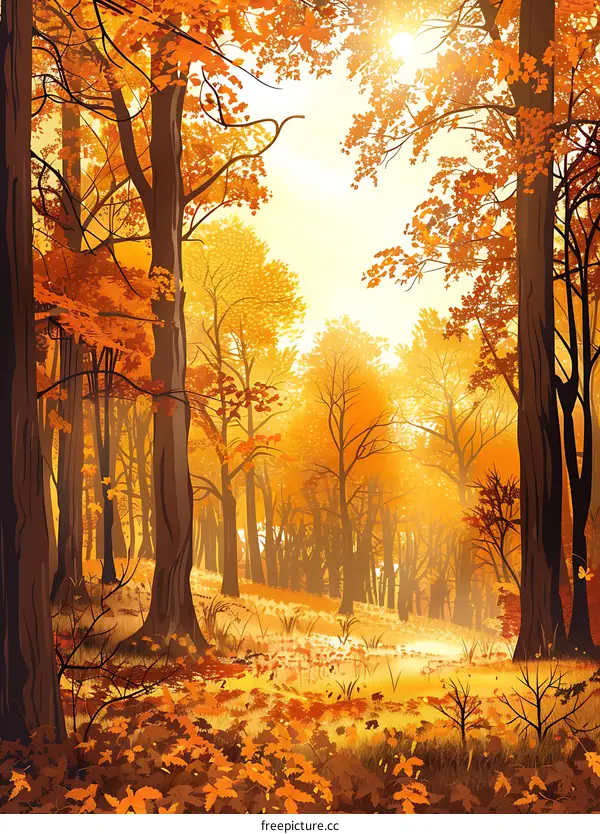 Autumn Forest Landscape with Sun Rays Shining Through Trees