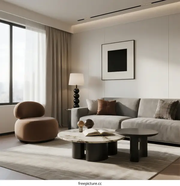 Modern living room with neutral tones and comfortable furniture
