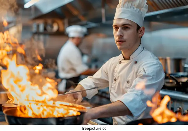 Young male chef is cooking with fire in a pan in a restaurant kitchen