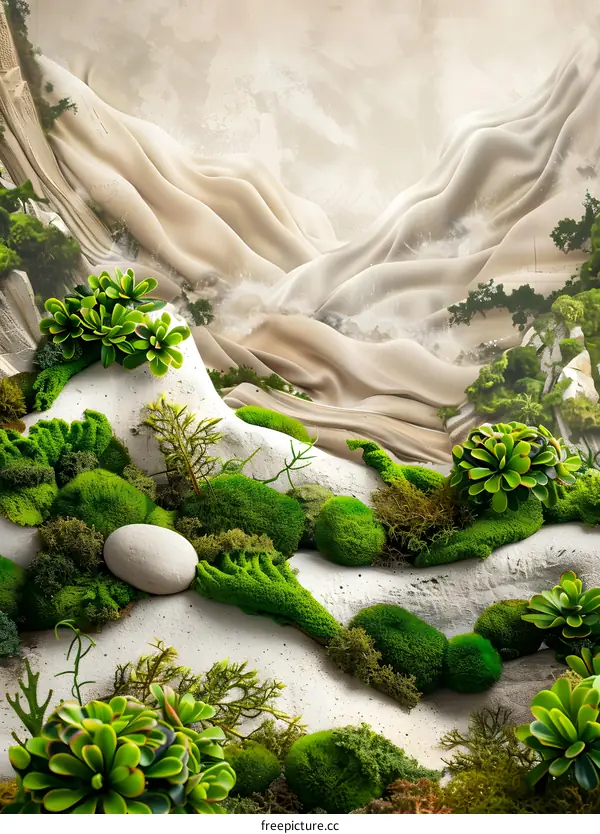 Green Moss and Succulents on Beige Background