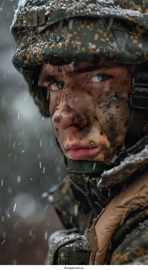 Portrait of a soldier in the snow