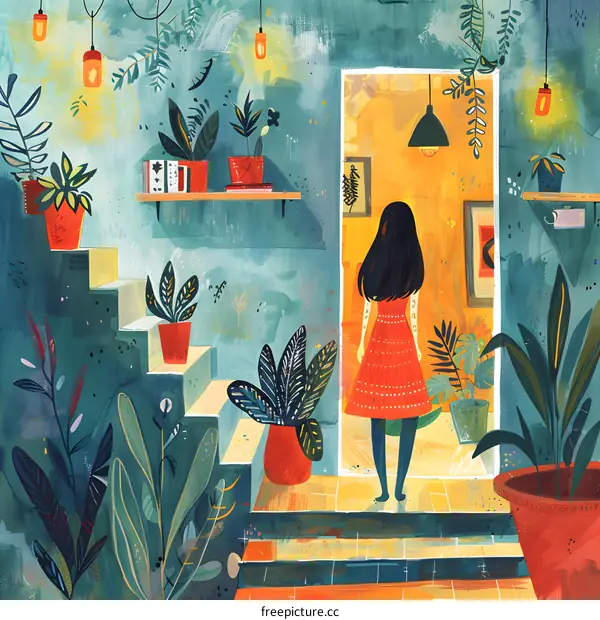 Woman in Red Dress Standing in a Doorway with Plants