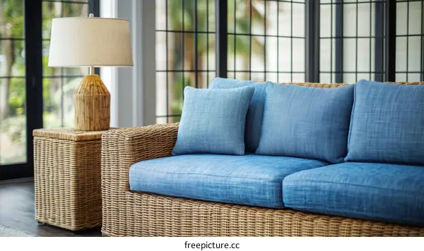 Rattan Sofa Set with Blue Cushions