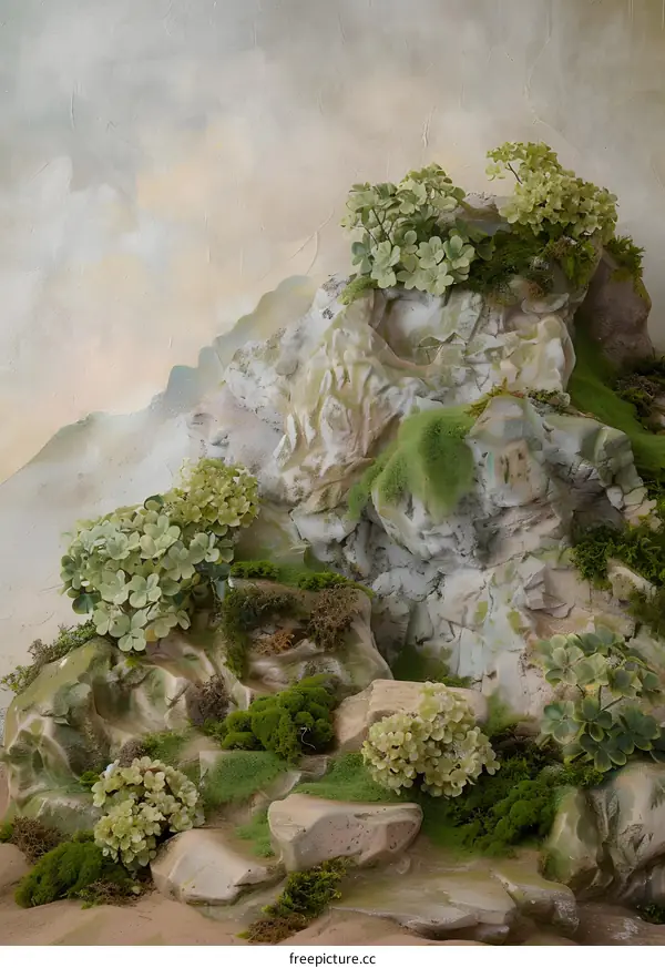 Stone Mountain with Lush Greenery and Cloudy Sky Background