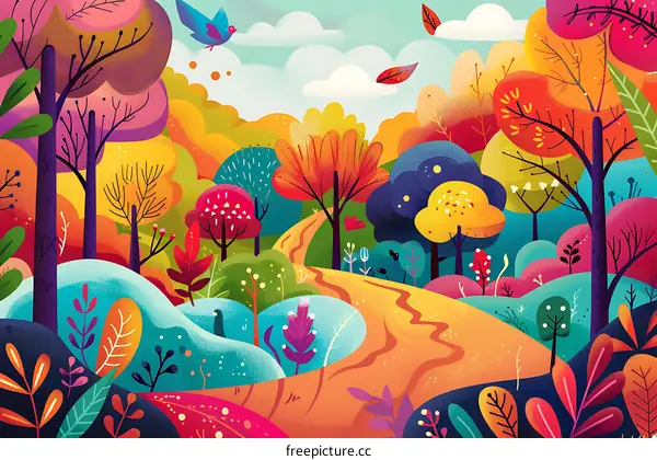 Colorful Autumn Forest Illustration With Winding Path