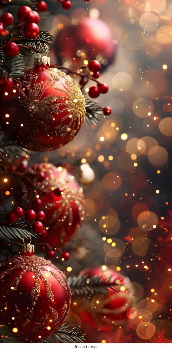 Red Christmas balls hanging on a Christmas tree with blurred lights in the background