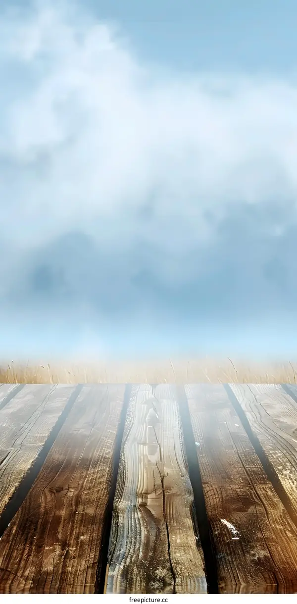Wooden Planks Background With Blurred Sky And Grass