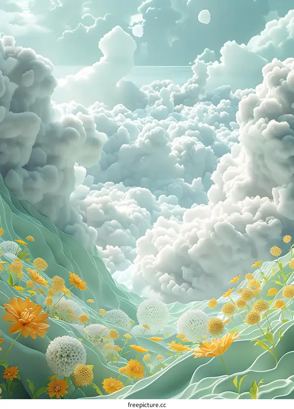 Dreamy surreal landscape with clouds and flowers
