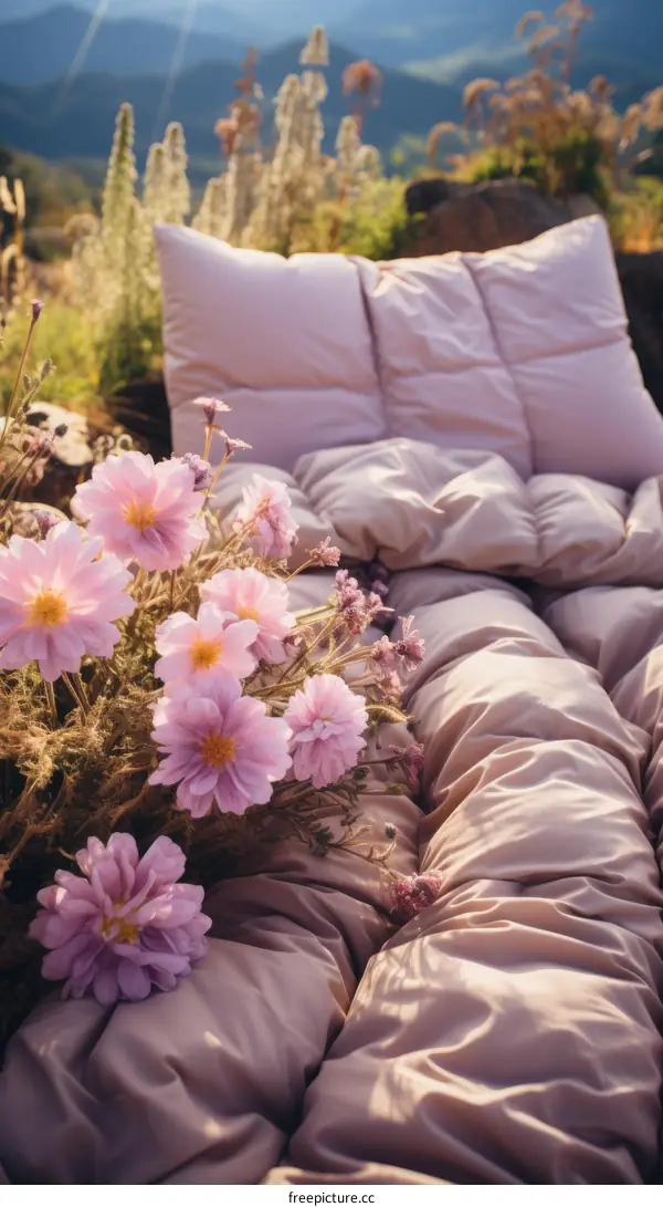Pink bedding and flowers on a rocky hilltop