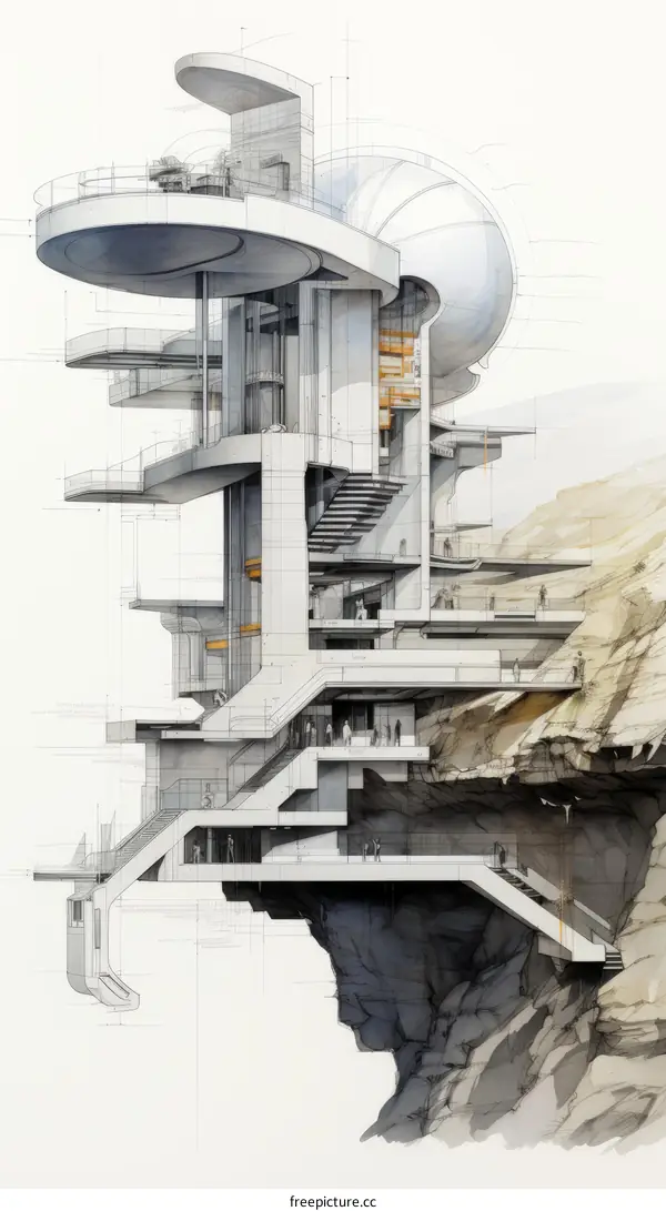 futuristic cliff dwelling with large round observation deck
