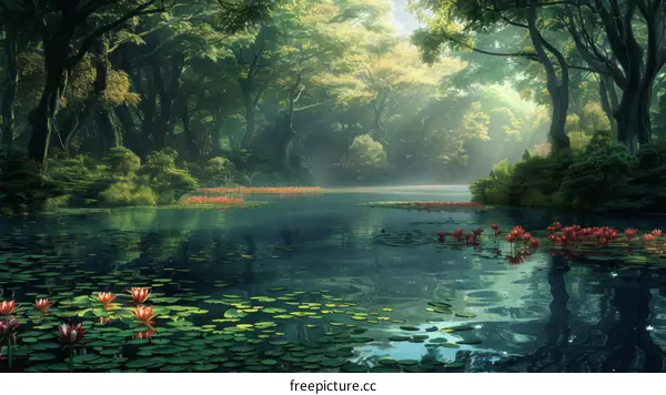 Enchanted Forest Lake with Red Water Lilies