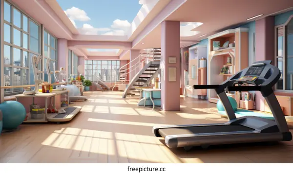 Colorful Home Gym with Treadmill, Exercise Bike & Equipment