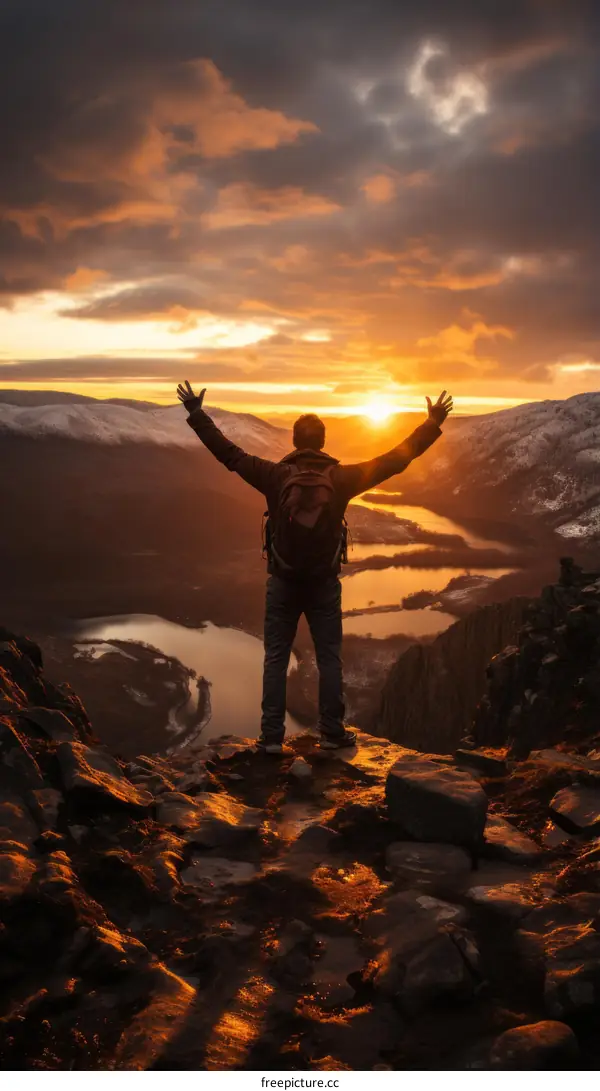 Man Celebrating Mountaintop Success