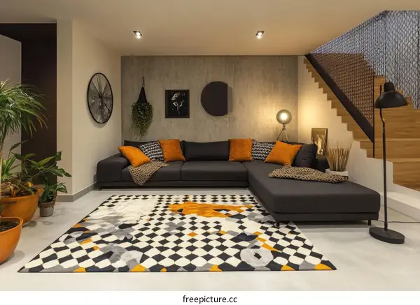 Modern Living Room Interior Design with Geometric Rug
