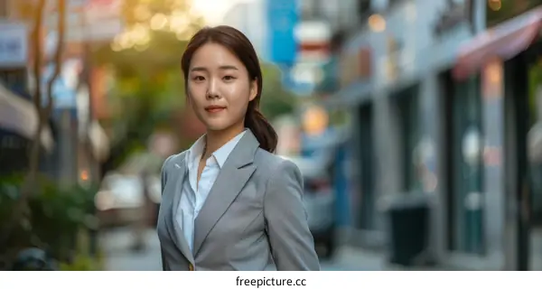 A young Asian woman in a suit standing in a city street