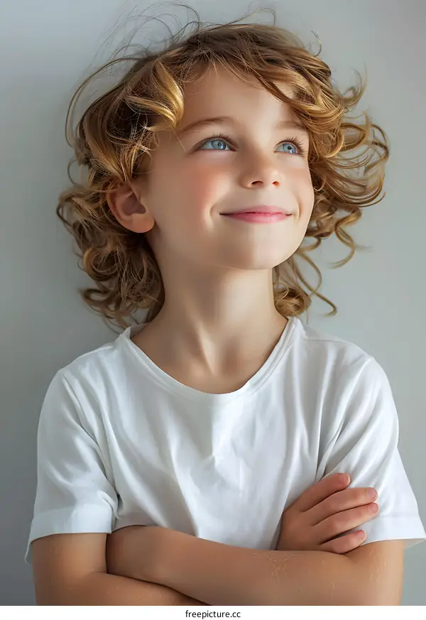 Portrait of a Happy Young Boy with Curly Blonde Hair