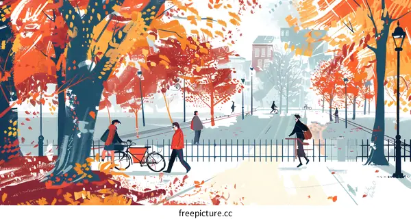 Autumn Day in the Park with People Walking and Biking