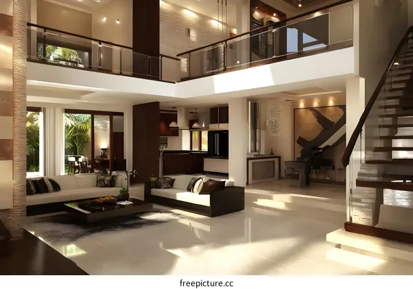 Modern Interior Design with Open Floor Plan and Glass Railings