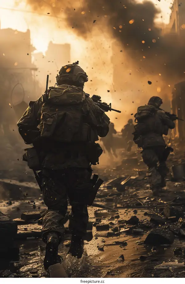 soldiers running through a war zone