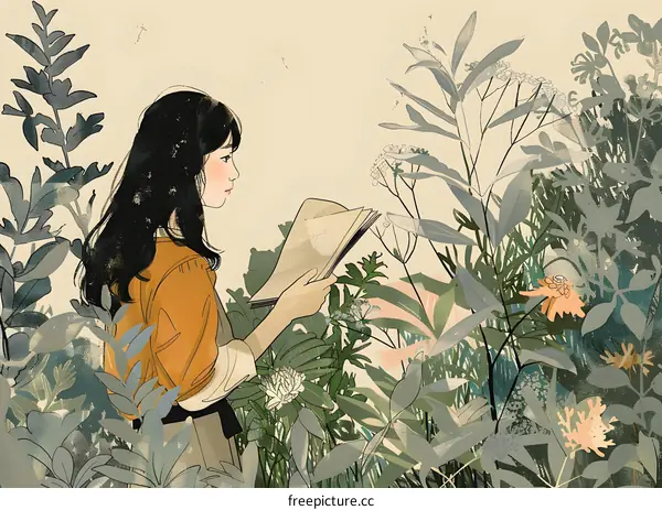 Woman Reading a Book in a Garden Illustration