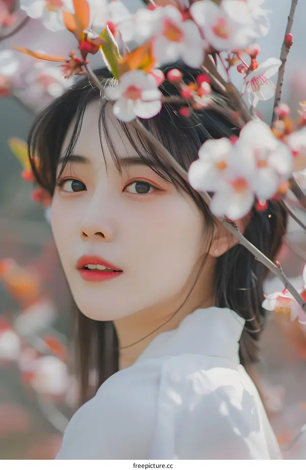 Asian Woman Posing in Spring Flowers