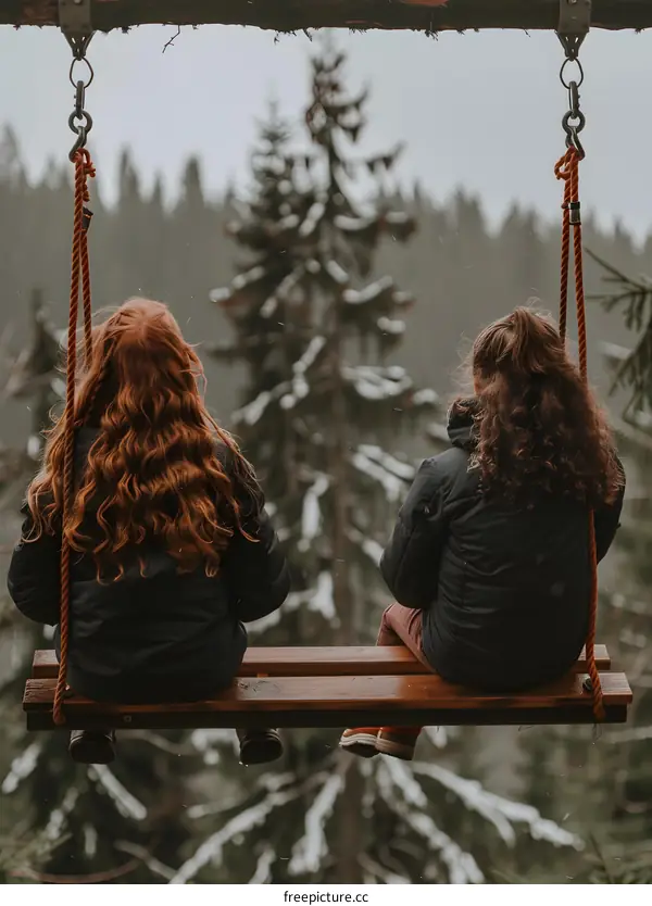 Two Women Sitting On A Swing Looking Out Over Snow Covered Forest