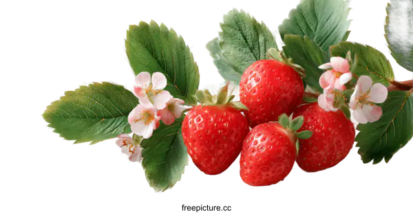 [Transparent Background PNG]Fresh Strawberries with Blossoms on a Branch